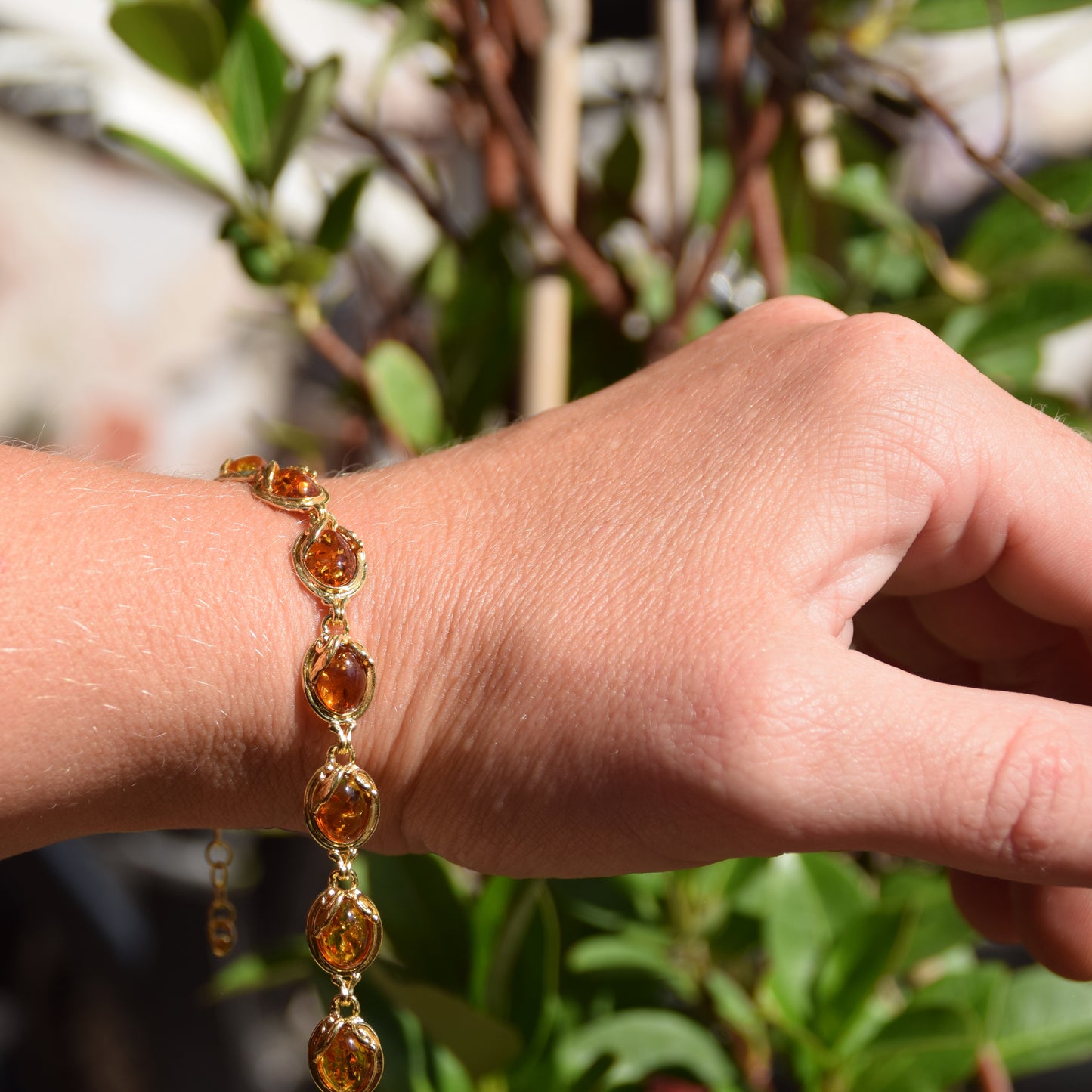 Elegant vintage style bracelet with natural cognac amber and 18k gold-plated 925 sterling silver, MJ Baltica, BZB051