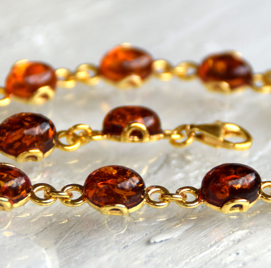 MJ Baltica, bracciale, Ambra naturale Baltica, Argento 925, placcato in Oro 18k, unisex, luminoso, ambra cognac, BZB053