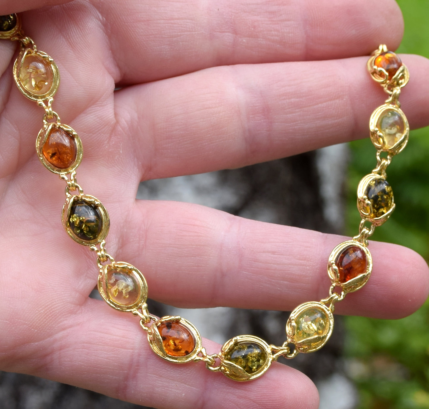 Elegant vintage-style bracelet with natural Amber of various shades and 18k Gold-plated 925 Sterling Silver, MJ Baltica, BZB059