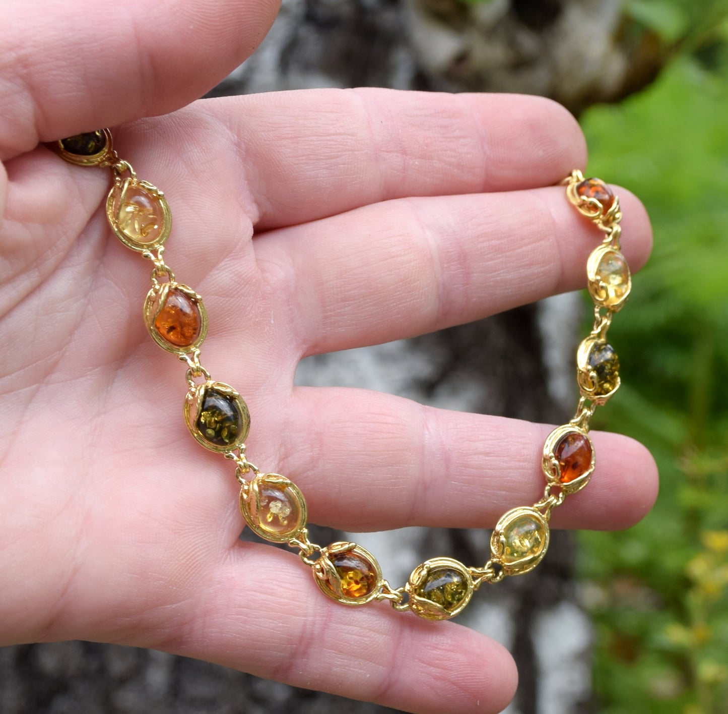 Elegant vintage-style bracelet with natural Amber of various shades and 18k Gold-plated 925 Sterling Silver, MJ Baltica, BZB059