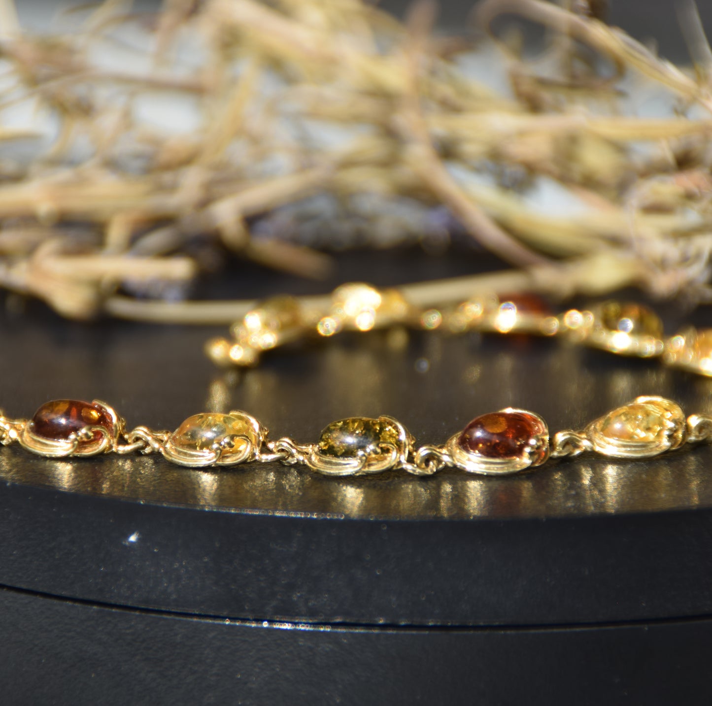 Elegant vintage-style bracelet with natural Amber of various shades and 18k Gold-plated 925 Sterling Silver, MJ Baltica, BZB059
