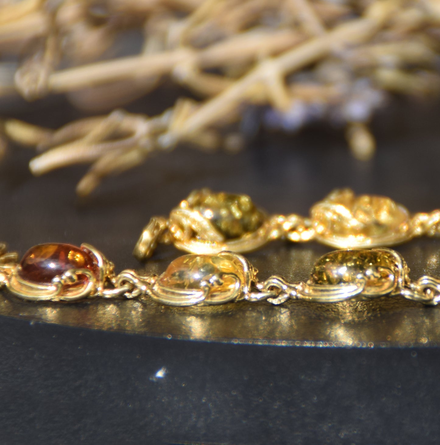 Elegant vintage-style bracelet with natural Amber of various shades and 18k Gold-plated 925 Sterling Silver, MJ Baltica, BZB059