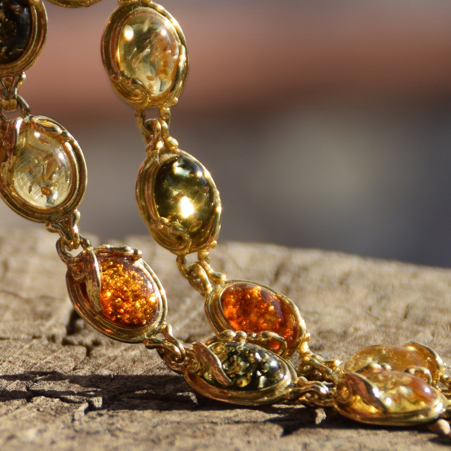 Elegant vintage-style bracelet with natural Amber of various shades and 18k Gold-plated 925 Sterling Silver, MJ Baltica, BZB059