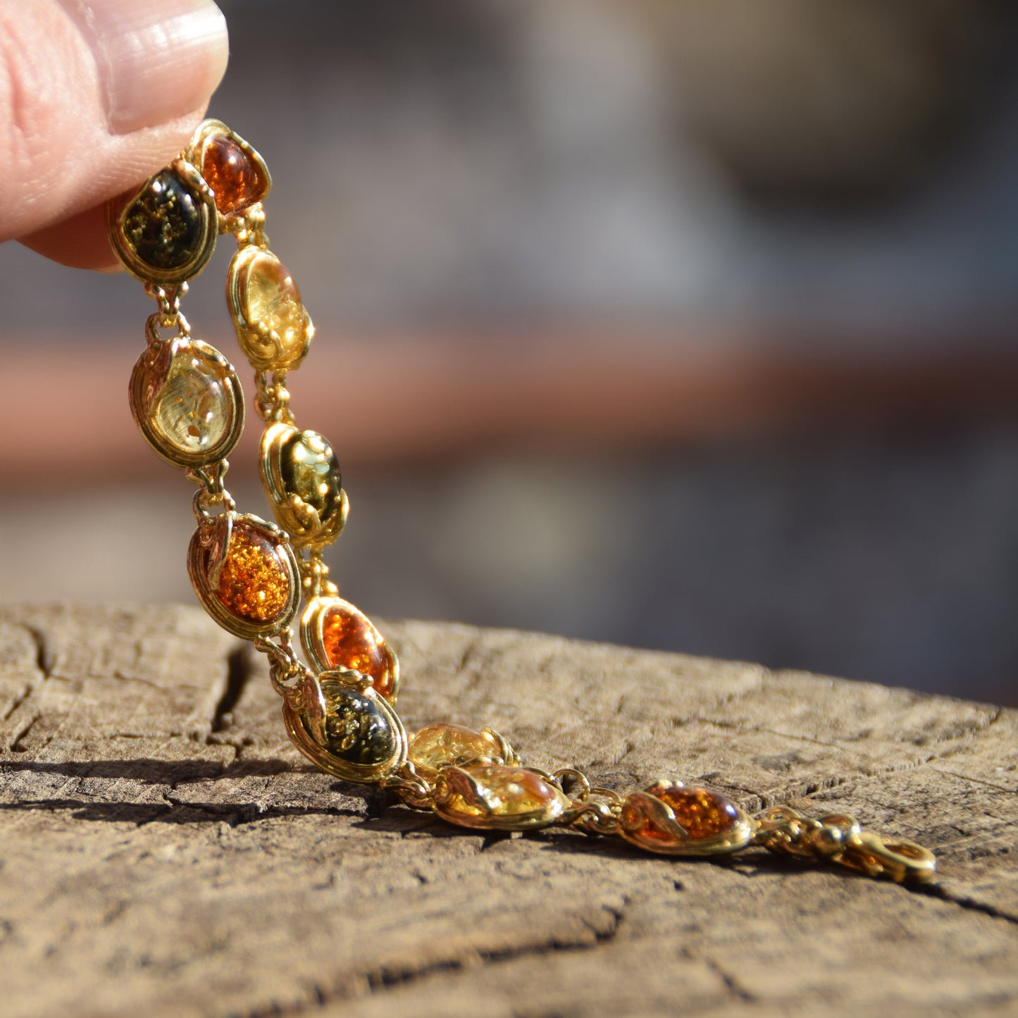 Elegant vintage-style bracelet with natural Amber of various shades and 18k Gold-plated 925 Sterling Silver, MJ Baltica, BZB059