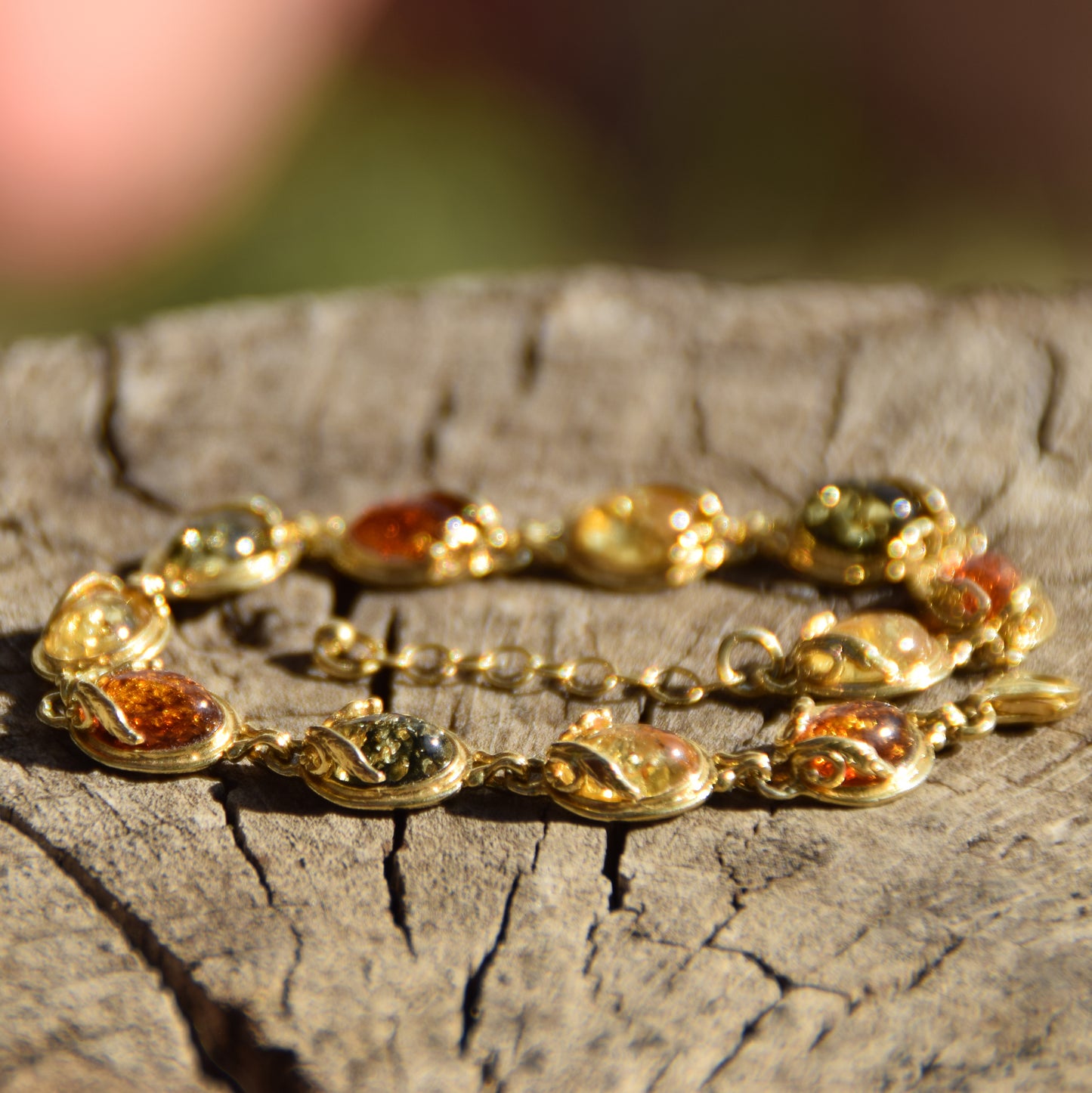 Elegant vintage-style bracelet with natural Amber of various shades and 18k Gold-plated 925 Sterling Silver, MJ Baltica, BZB059