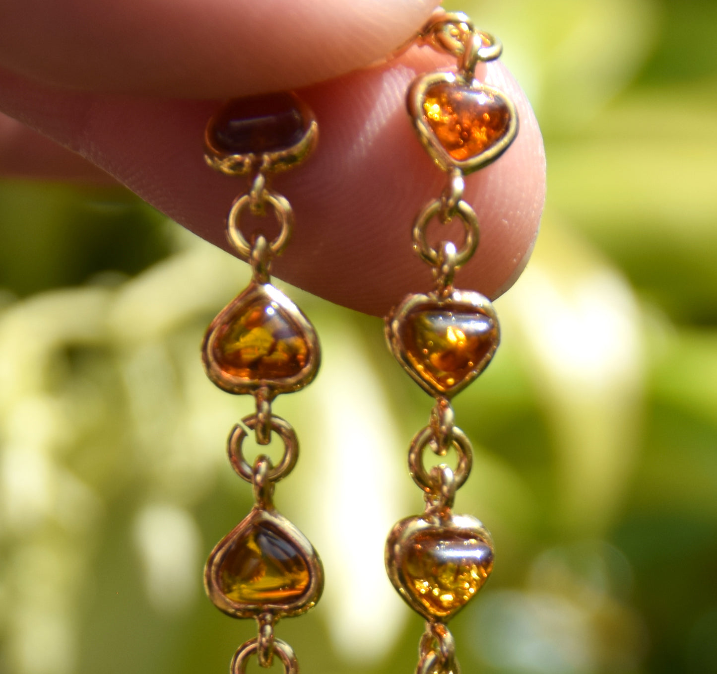 Romantic bracelet with heart chain crafted from natural cognac amber and 18k gold-plated 925 silver, MJ Baltica, BZB061