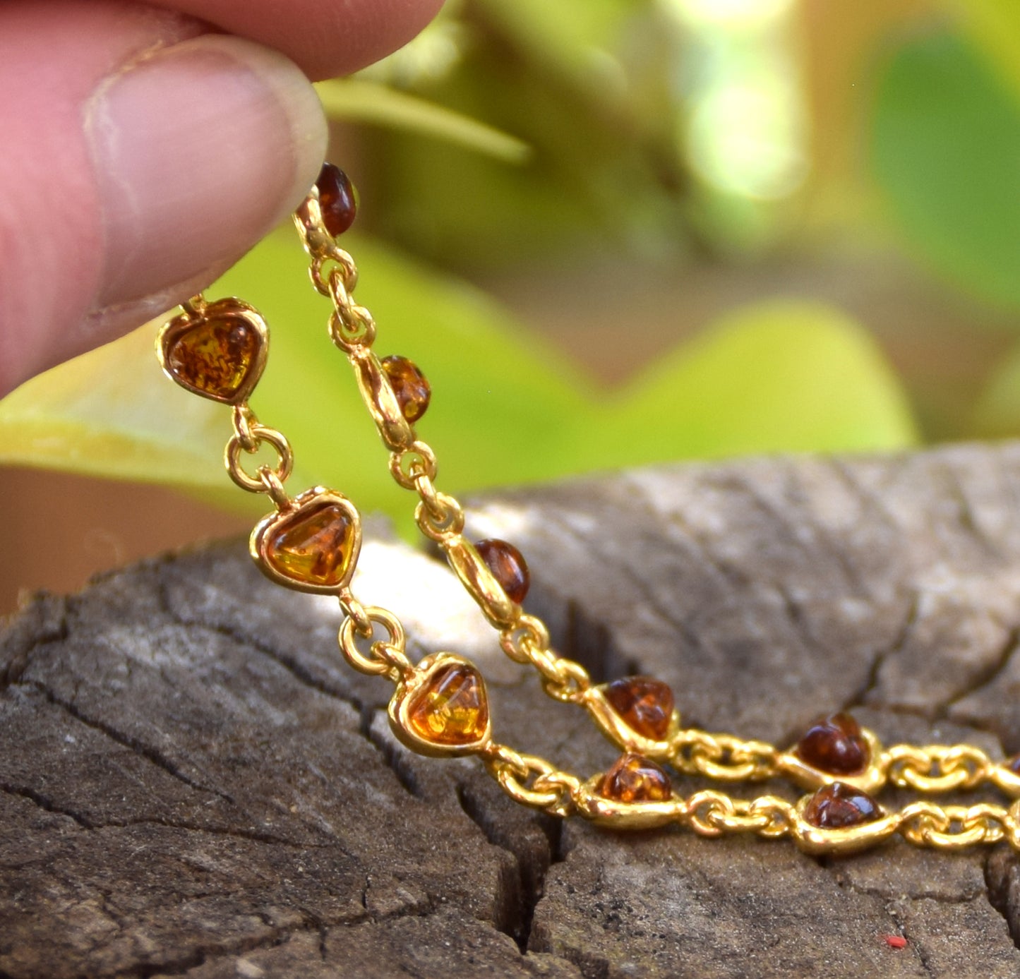 Romantic bracelet with heart chain crafted from natural cognac amber and 18k gold-plated 925 silver, MJ Baltica, BZB061