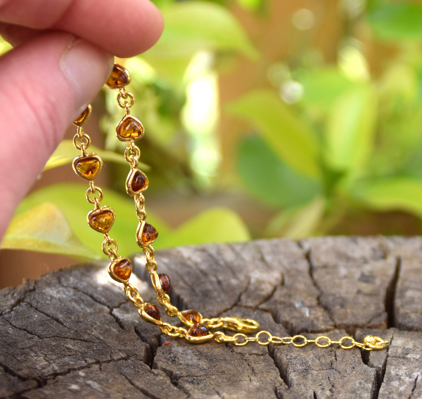 Romantic bracelet with heart chain crafted from natural cognac amber and 18k gold-plated 925 silver, MJ Baltica, BZB061