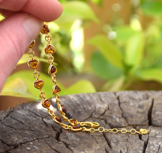 Romantic bracelet with heart chain crafted from natural cognac amber and 18k gold-plated 925 silver, MJ Baltica, BZB061