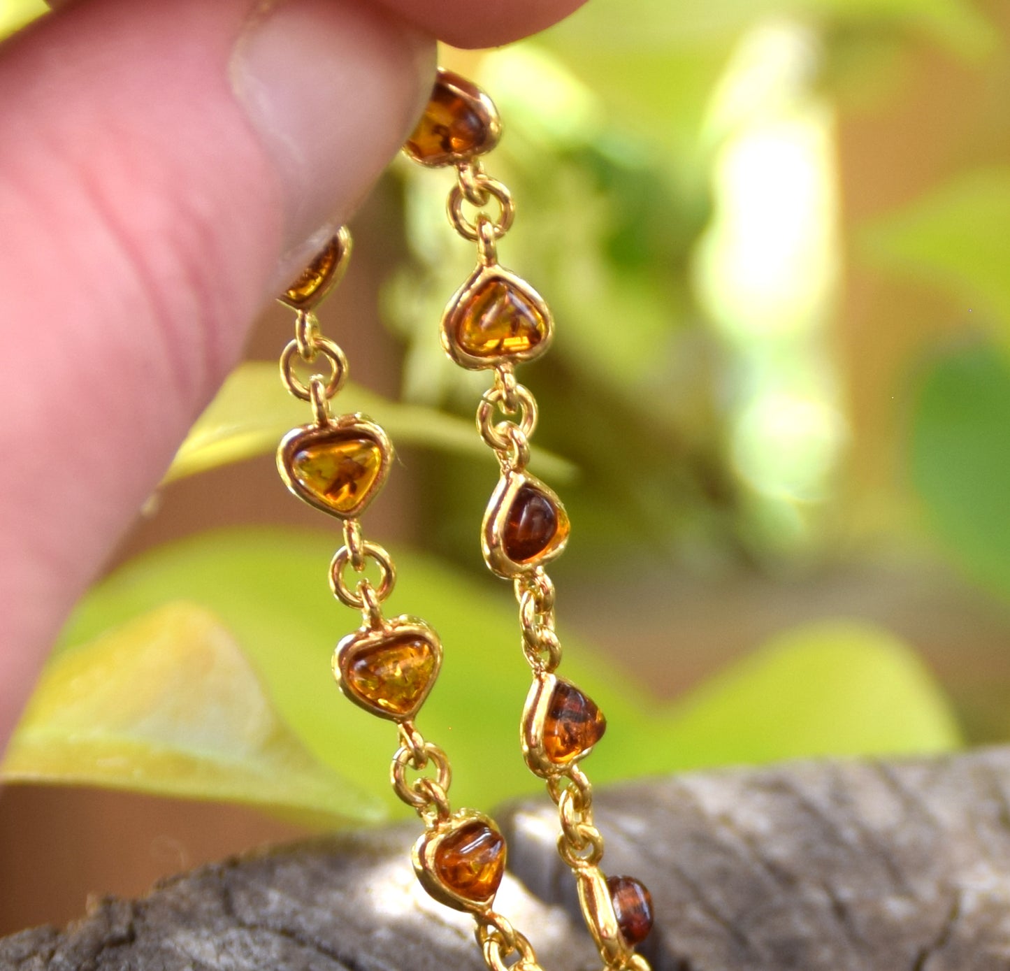 Romantic bracelet with heart chain crafted from natural cognac amber and 18k gold-plated 925 silver, MJ Baltica, BZB061