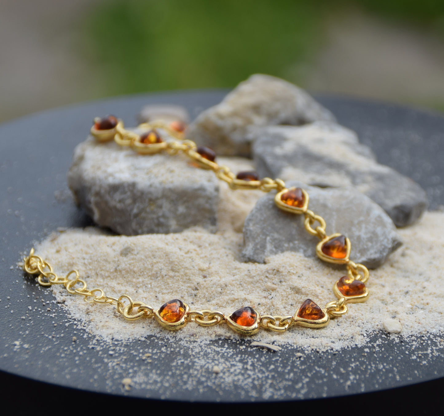 Romantic bracelet with heart chain crafted from natural cognac amber and 18k gold-plated 925 silver, MJ Baltica, BZB061