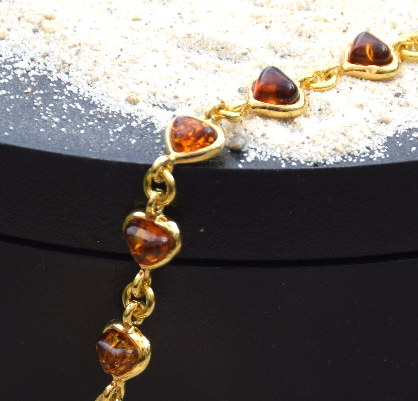 Romantic bracelet with heart chain crafted from natural cognac amber and 18k gold-plated 925 silver, MJ Baltica, BZB061