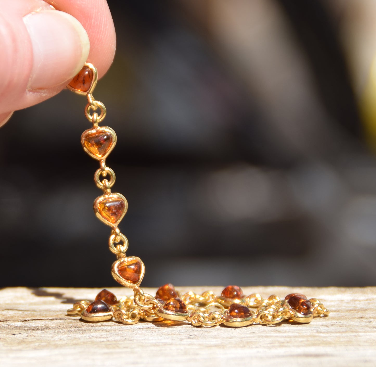Romantic bracelet with heart chain crafted from natural cognac amber and 18k gold-plated 925 silver, MJ Baltica, BZB061
