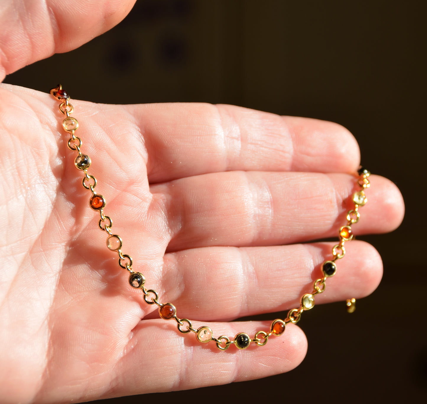 Delicate bracelet in natural Amber of various shades, 18k Gold Plated Sterling Silver, MJ Baltica, BZB062
