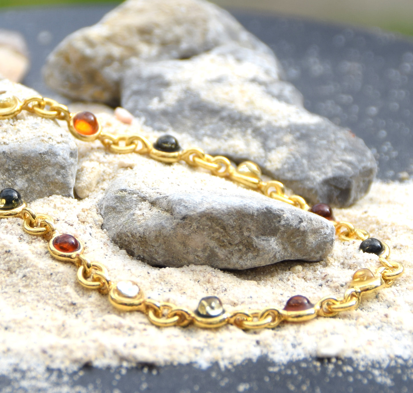 Delicate bracelet in natural Amber of various shades, 18k Gold Plated Sterling Silver, MJ Baltica, BZB062