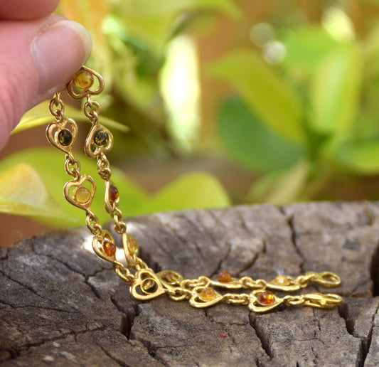Romantic bracelet with natural Amber hearts in various shades and 18k Gold Plated 925 Sterling Silver, MJ Baltica, BZB065