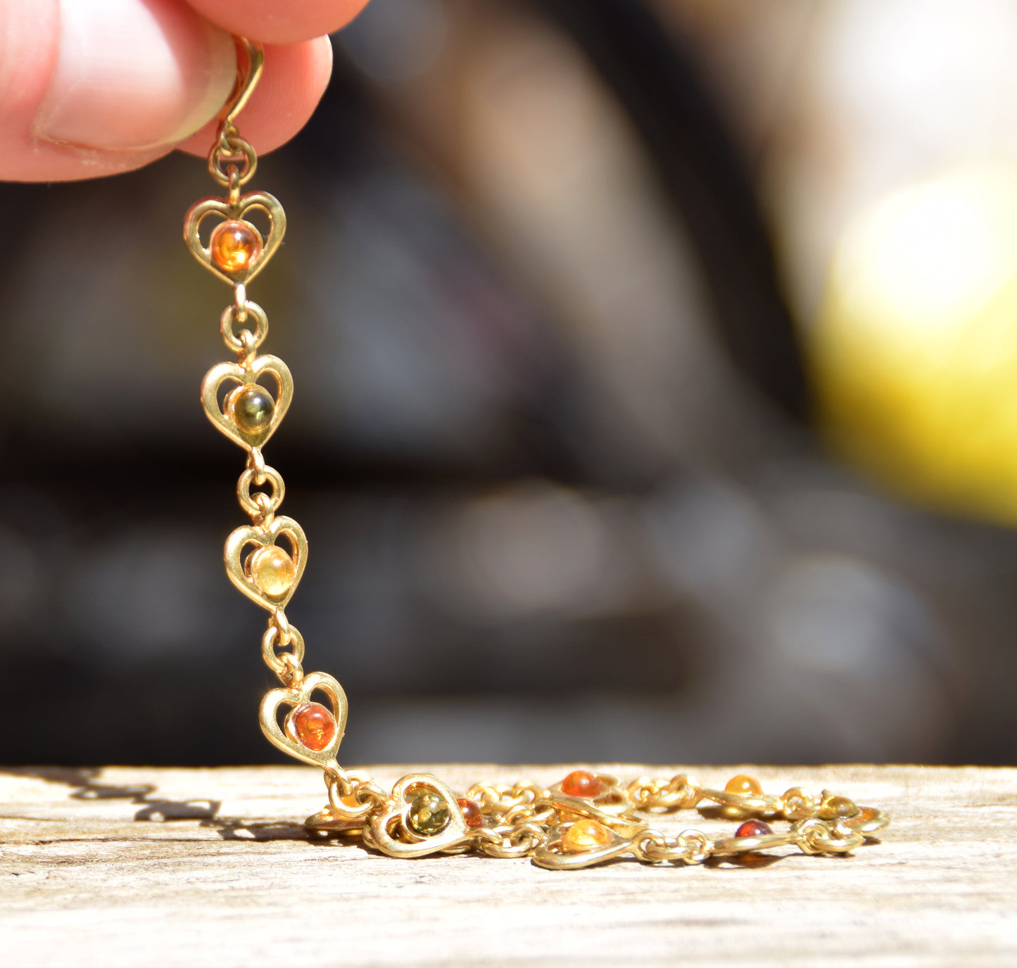 Romantic bracelet with natural Amber hearts in various shades and 18k Gold Plated 925 Sterling Silver, MJ Baltica, BZB065