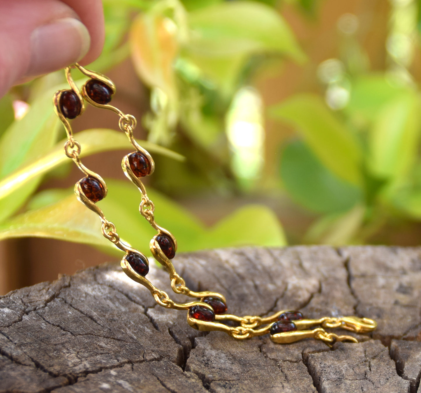 Bracciale lineare con Ambra naturale marrone scura e argento 925 placcato in Oro 18k, MJ Baltica, BZB029 (Copia)