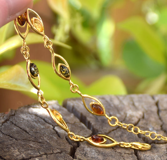 Elegante bracciale in Ambra naturale di varie tonalità in Argento placcato in Oro 18k, MJ Baltica, BZB073
