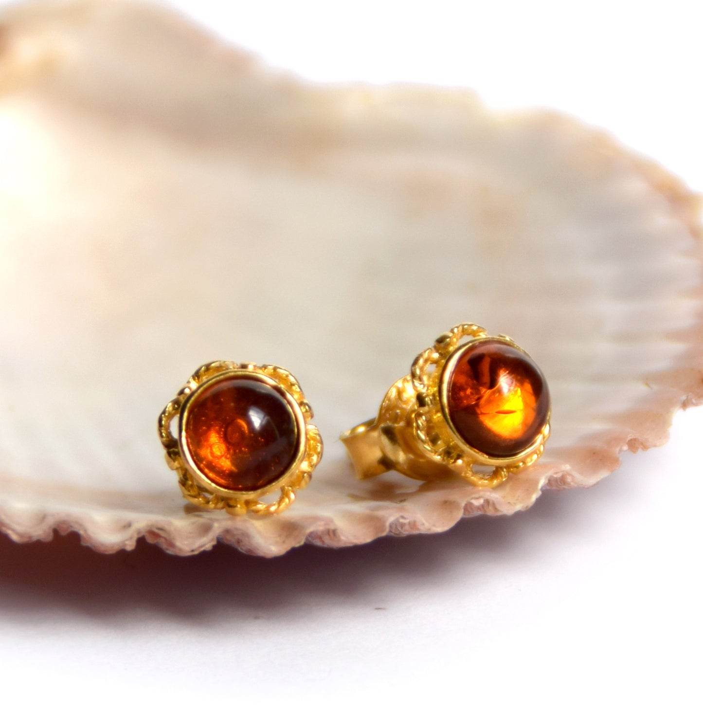 MJ Baltica, earrings, lobe, natural Baltic Amber, Silver, 14k Gold plated, flower, BZK008