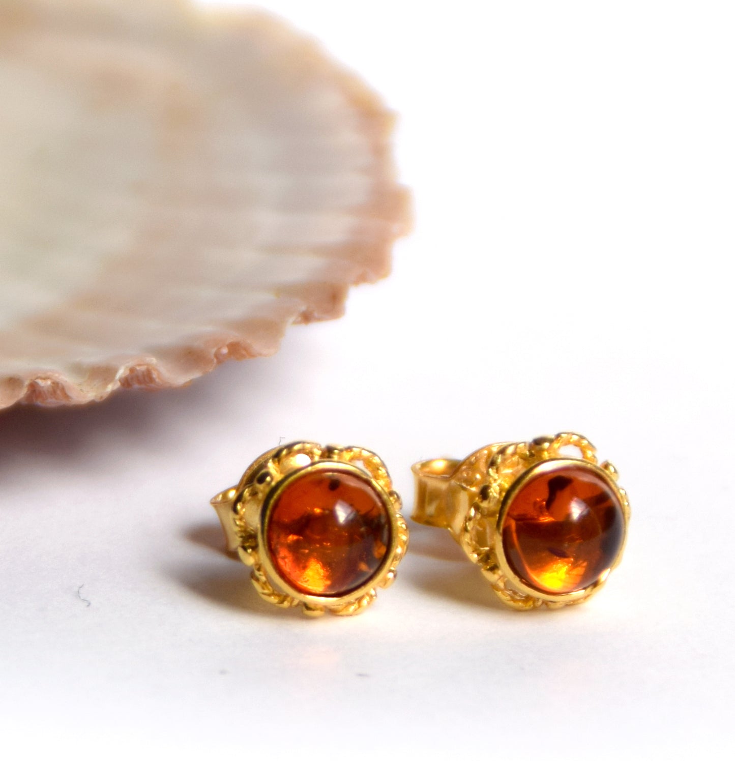 MJ Baltica, earrings, lobe, natural Baltic Amber, Silver, 14k Gold plated, flower, BZK008