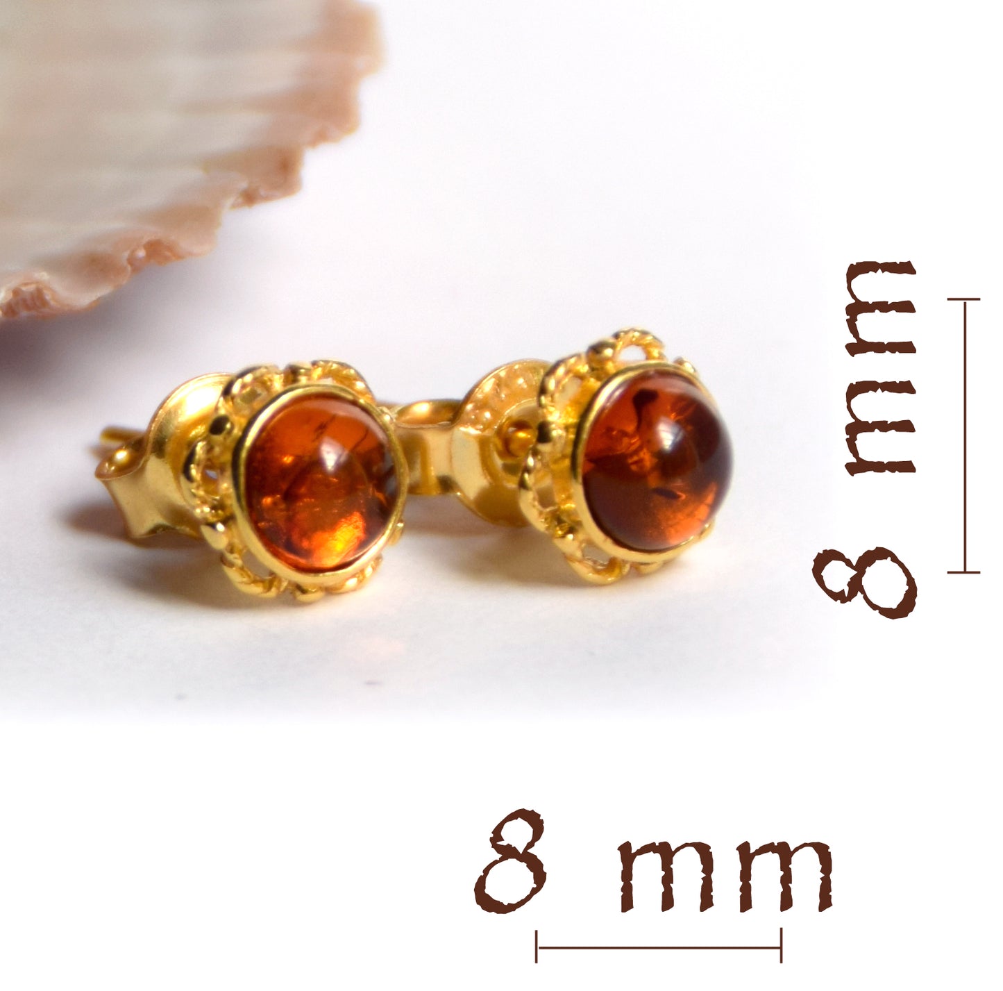 MJ Baltica, earrings, lobe, natural Baltic Amber, Silver, 14k Gold plated, flower, BZK008