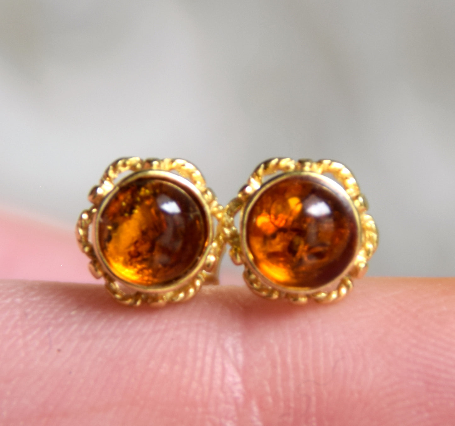 Delicate round earrings with natural cognac Amber and 18k Gold-plated 925 Sterling Silver, MJ Baltica, BZK008