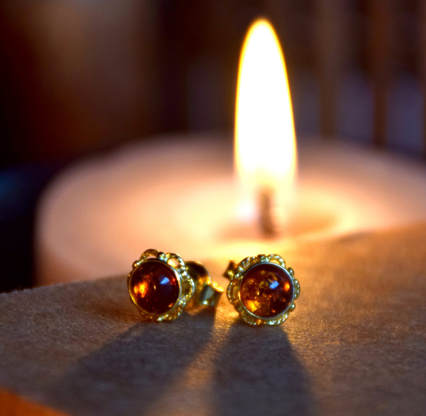 Delicate round earrings with natural cognac Amber and 18k Gold-plated 925 Sterling Silver, MJ Baltica, BZK008