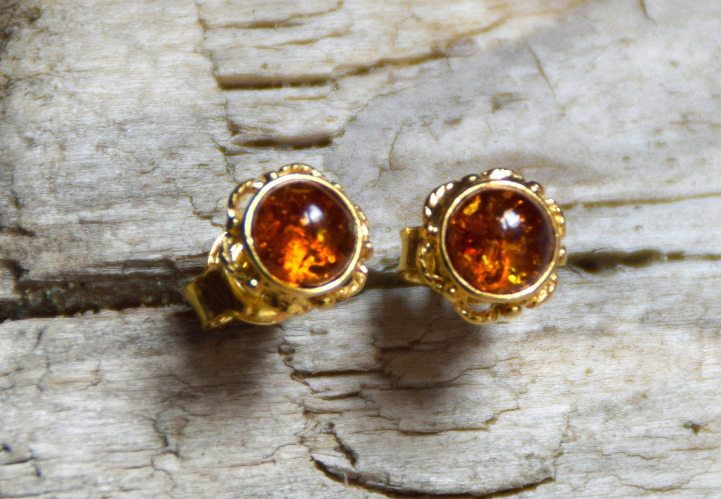 MJ Baltica, earrings, lobe, natural Baltic Amber, Silver, 14k Gold plated, flower, BZK008