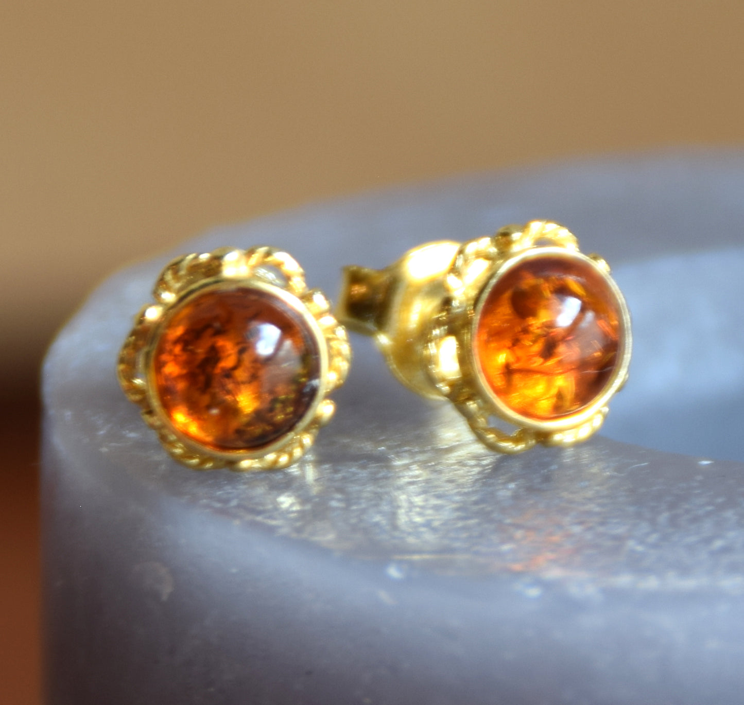 Delicate round earrings with natural cognac Amber and 18k Gold-plated 925 Sterling Silver, MJ Baltica, BZK008