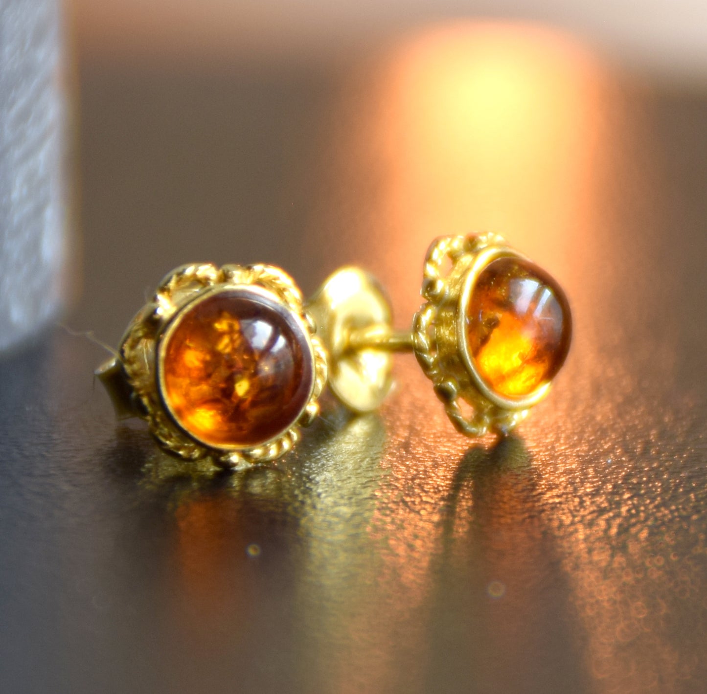 Delicate round earrings with natural cognac Amber and 18k Gold-plated 925 Sterling Silver, MJ Baltica, BZK008