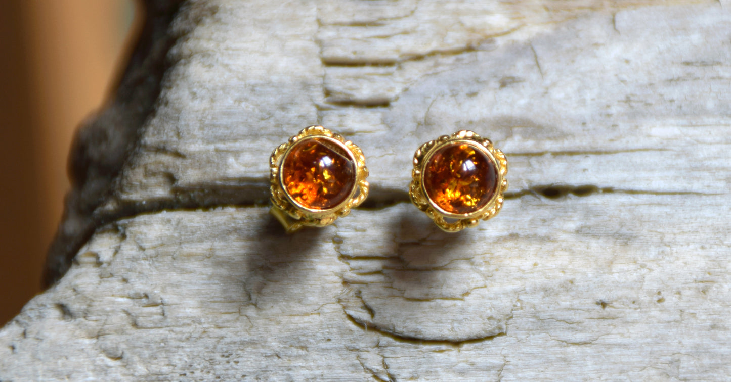 MJ Baltica, earrings, lobe, natural Baltic Amber, Silver, 14k Gold plated, flower, BZK008