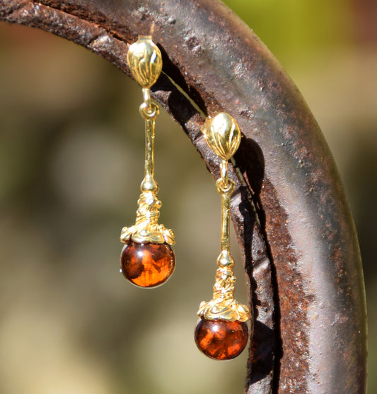 MJ Baltica, orecchini, Ambra naturale Baltica, Argento, placcato Oro 18k, pendente, elegante, artigianale, BZK013
