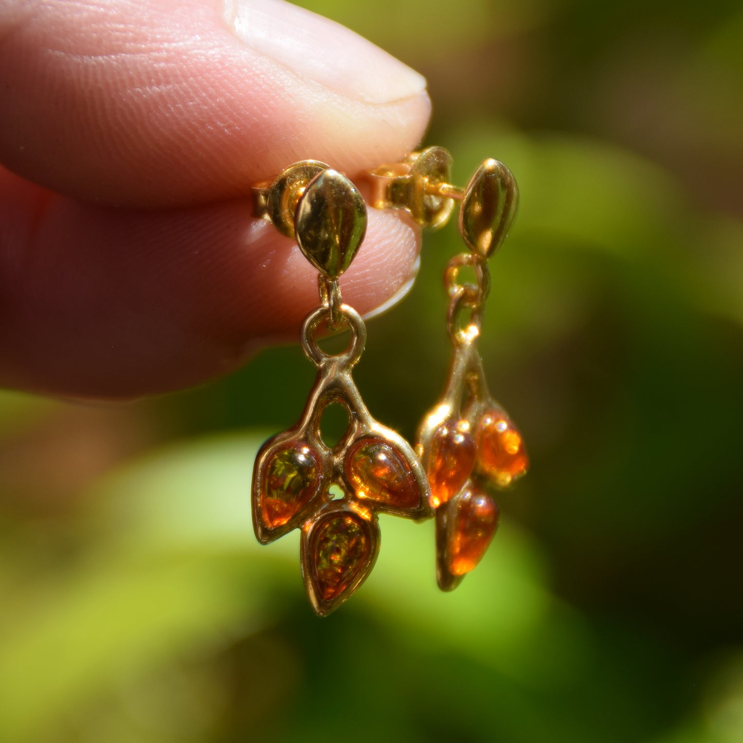 MJ Baltica, orecchini, Ambra naturale Baltica, Argento, placcato Oro 18k, foglia, pendente, dolce BZK019