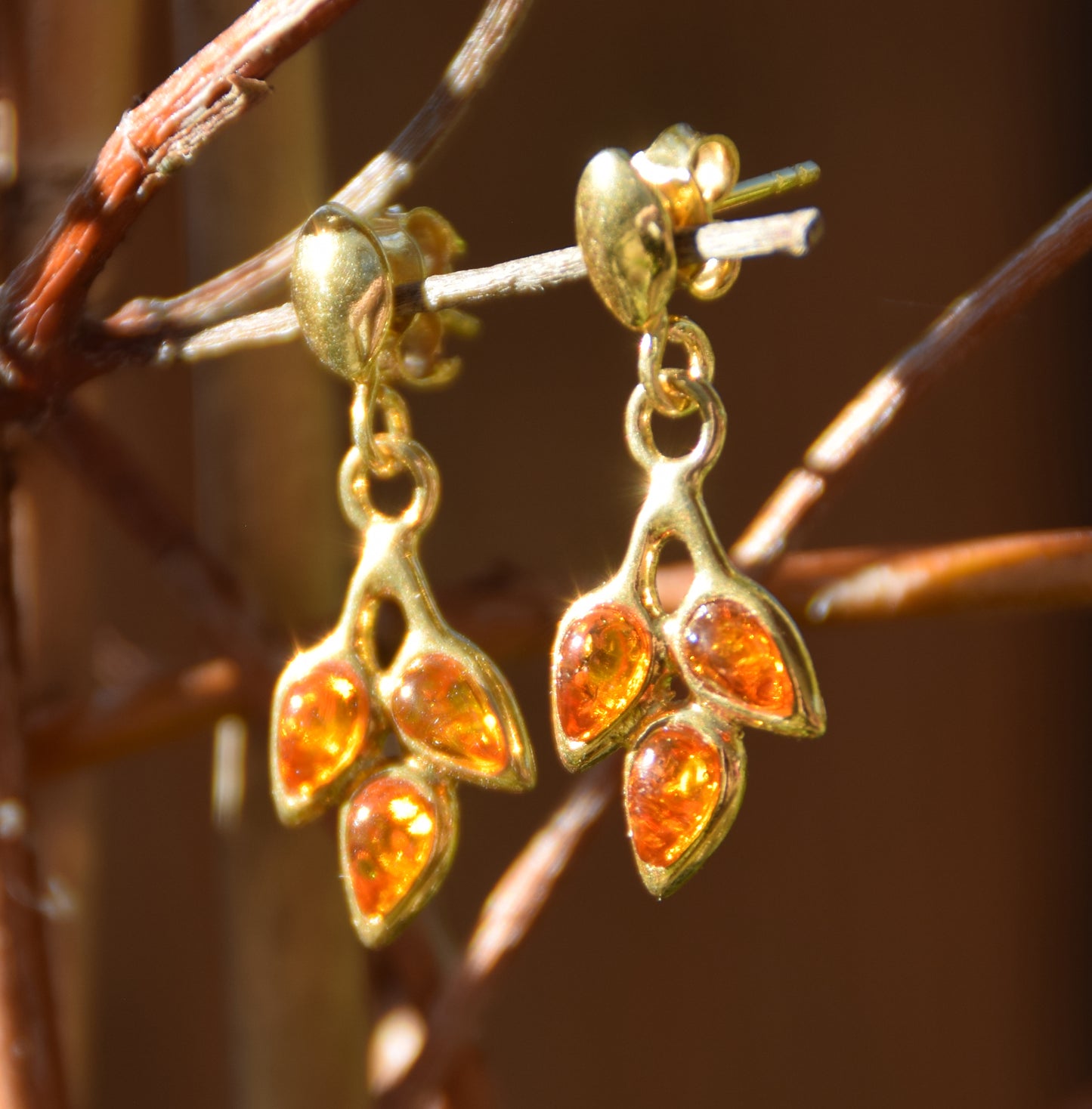 MJ Baltica, orecchini, Ambra naturale Baltica, Argento, placcato Oro 18k, foglia, pendente, dolce BZK019