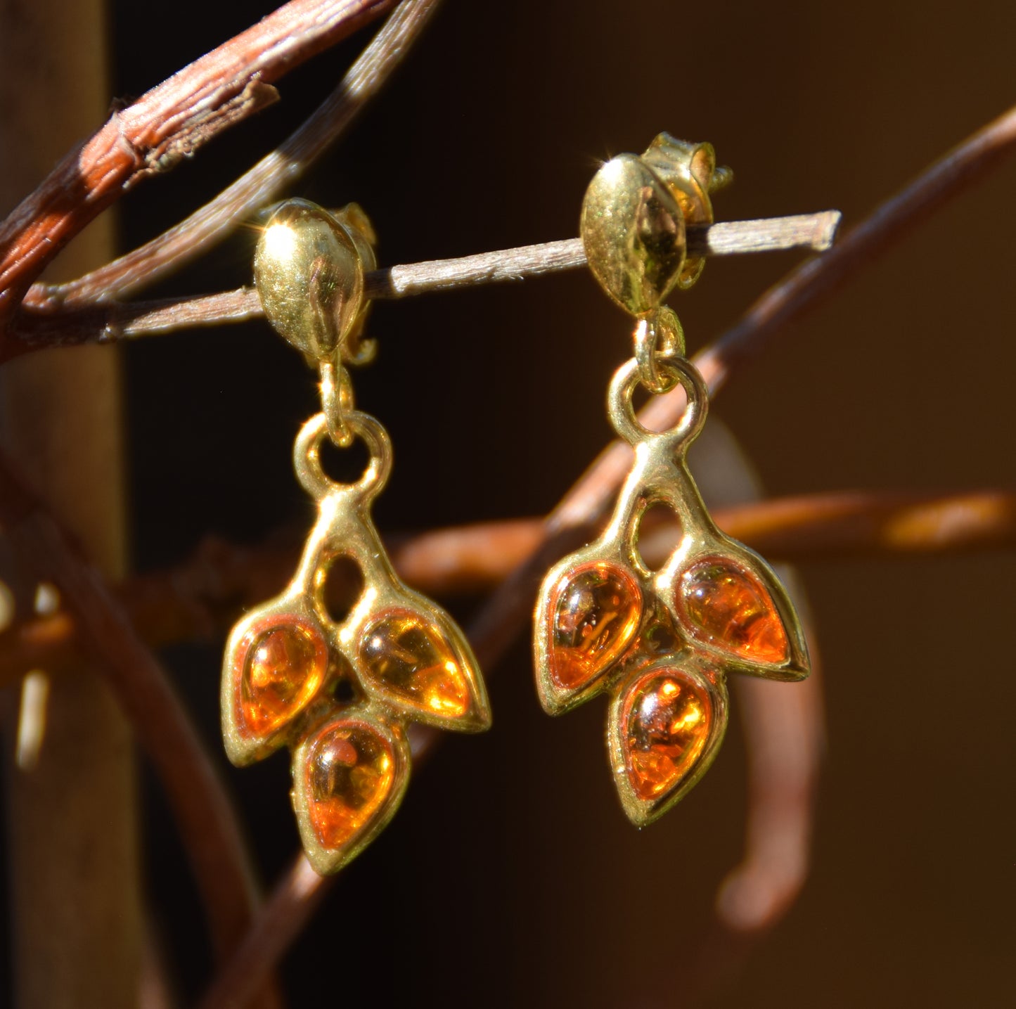 MJ Baltica, orecchini, Ambra naturale Baltica, Argento, placcato Oro 18k, foglia, pendente, dolce BZK019