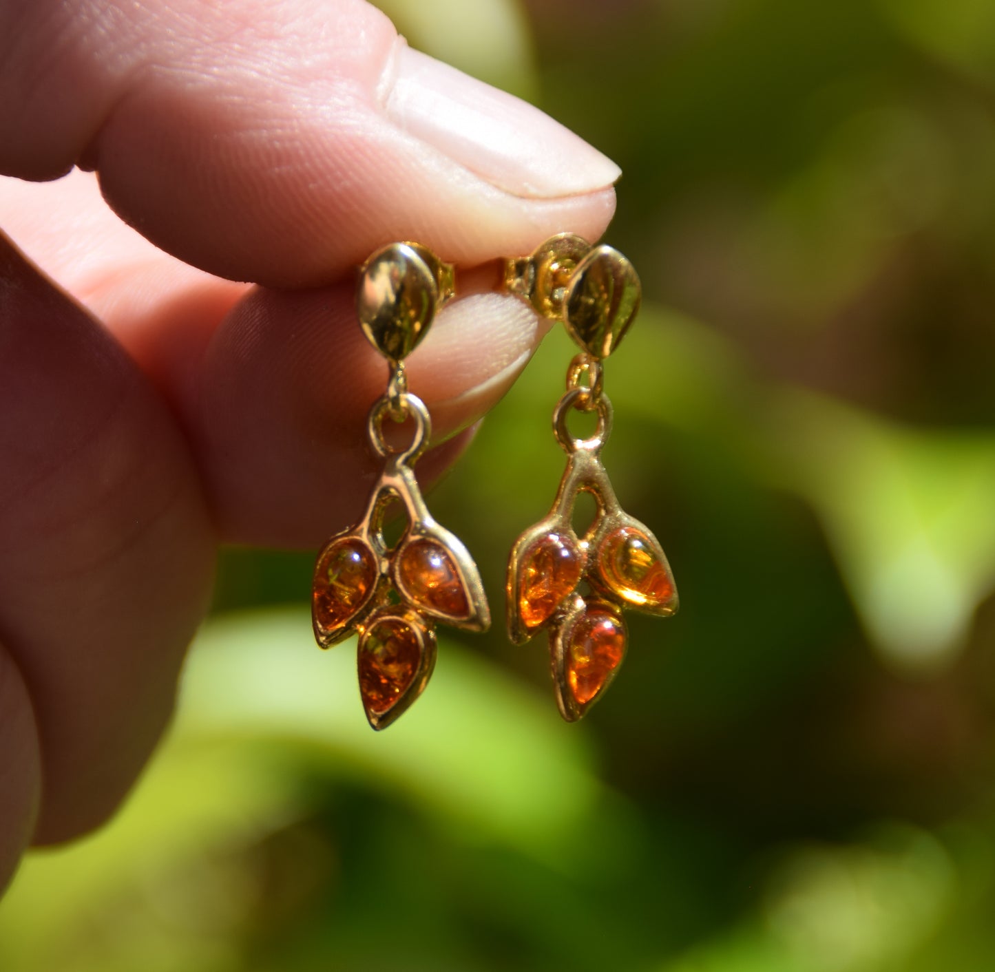 MJ Baltica, orecchini, Ambra naturale Baltica, Argento, placcato Oro 18k, foglia, pendente, dolce BZK019
