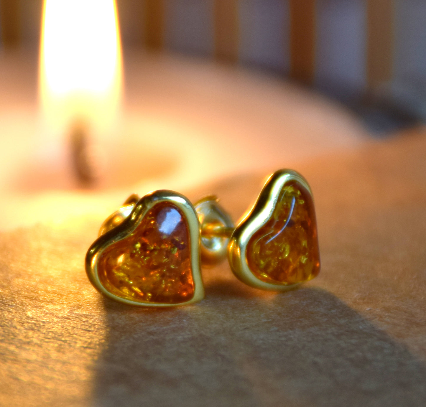 Romantic heart-shaped earrings with natural cognac amber and 18k gold-plated 925 Sterling Silver, MJ Baltica, BZK029