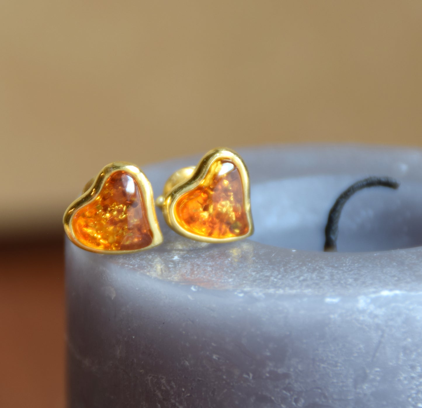 Romantic heart-shaped earrings with natural cognac amber and 18k gold-plated 925 Sterling Silver, MJ Baltica, BZK029