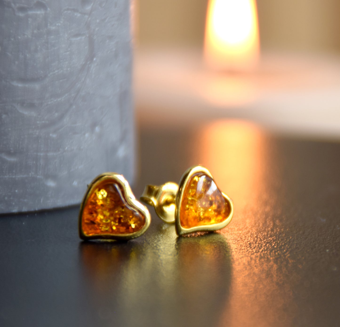 Romantic heart-shaped earrings with natural cognac amber and 18k gold-plated 925 Sterling Silver, MJ Baltica, BZK029