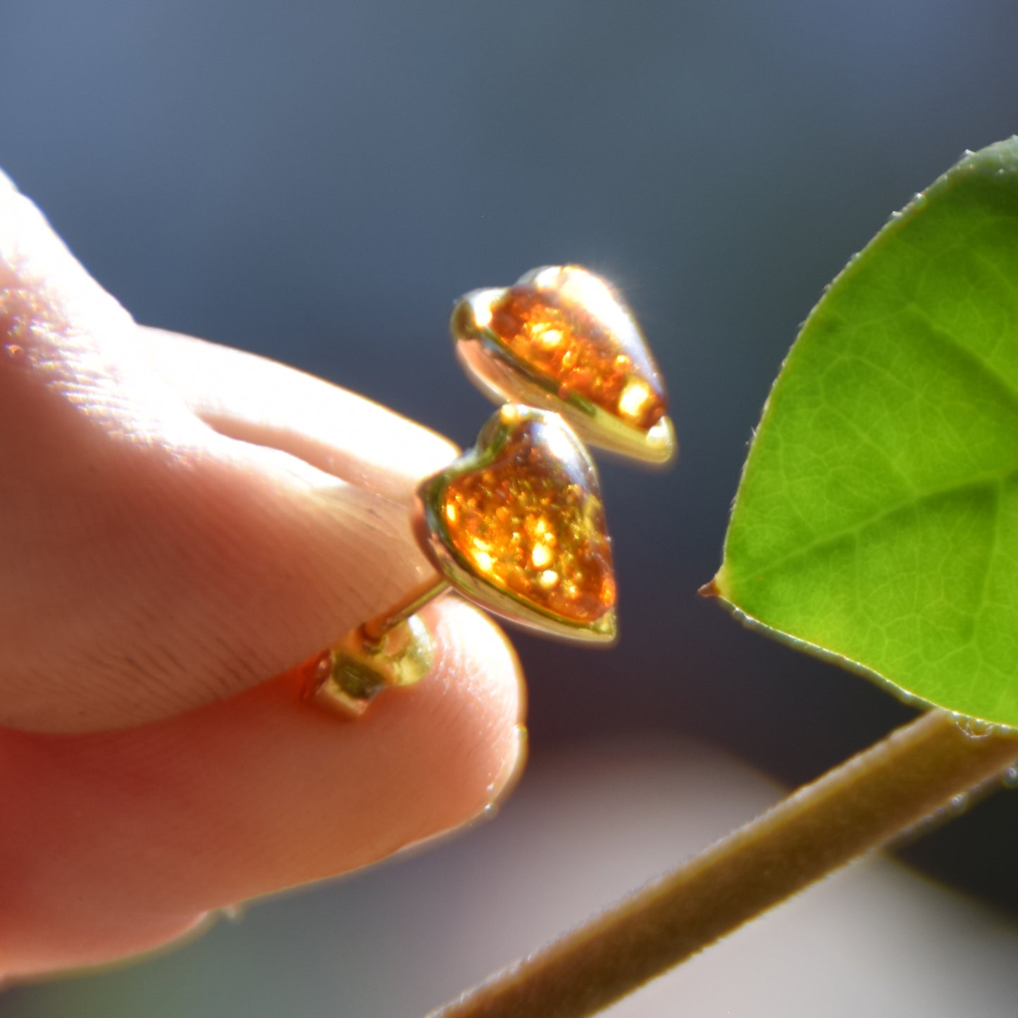 Romantic heart-shaped earrings with natural cognac amber and 18k gold-plated 925 Sterling Silver, MJ Baltica, BZK029