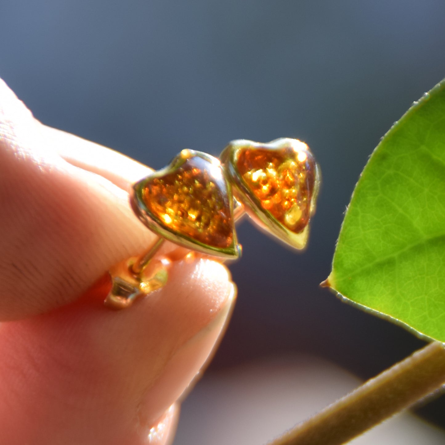 Romantic heart-shaped earrings with natural cognac amber and 18k gold-plated 925 Sterling Silver, MJ Baltica, BZK029