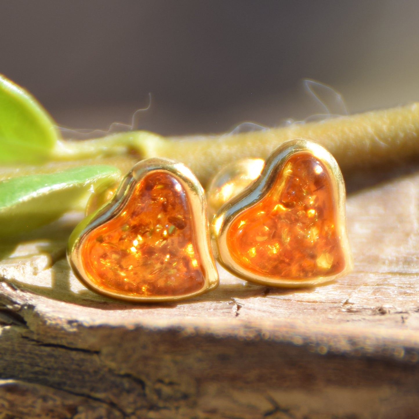 Romantic heart-shaped earrings with natural cognac amber and 18k gold-plated 925 Sterling Silver, MJ Baltica, BZK029