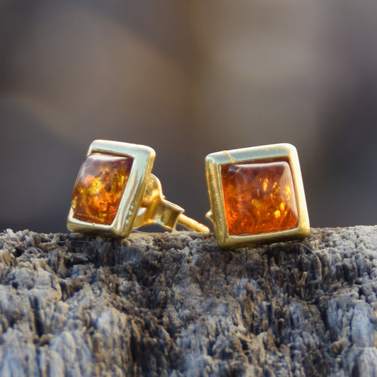 MJ Baltica, orecchini, a lobo, Ambra naturale Baltica, Argento, placcato Oro 18k, rombo BZK036