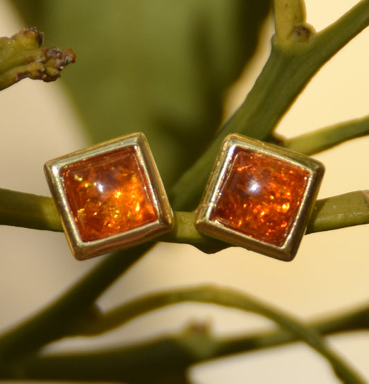 Essential stud earrings with cognac natural amber and 18k gold-plated silver, MJ Baltica, BZK036
