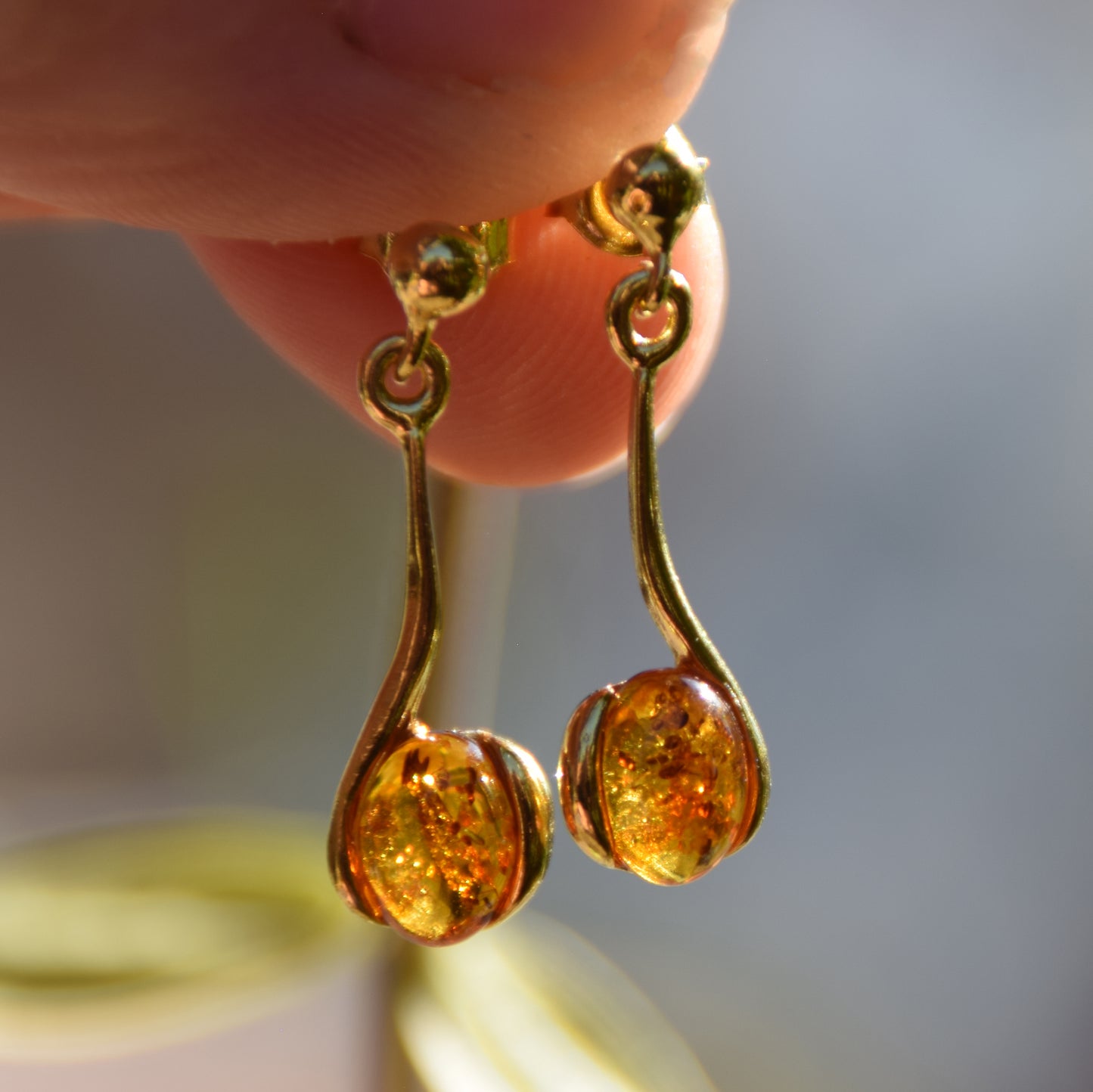 Teardrop earrings with natural cognac amber and 18k gold-plated 925 Sterling Silver, MJ Baltica, BZK053
