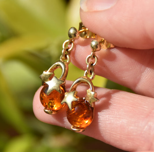 MJ Baltica, orecchini, Ambra naturale Baltica, Argento 925, placcato in Oro 18k, stelle, lucenti, BZK054