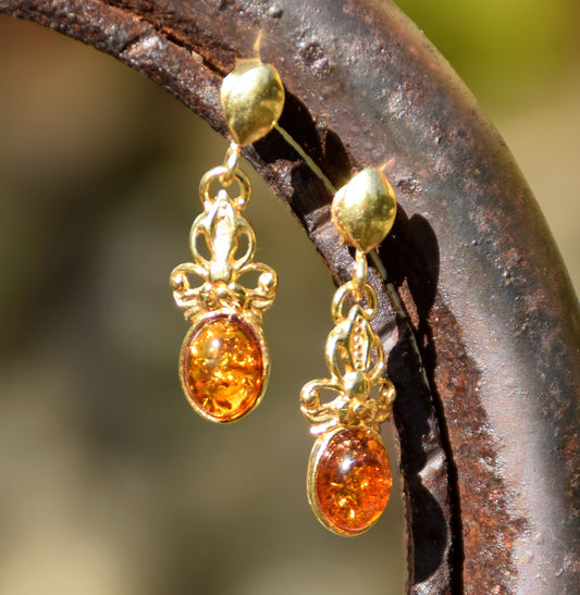 MJ Baltica, orecchini, Ambra naturale Baltica, Argento 925, placcato in Oro 18k, fiocco, dolce, artigianale,BZK055