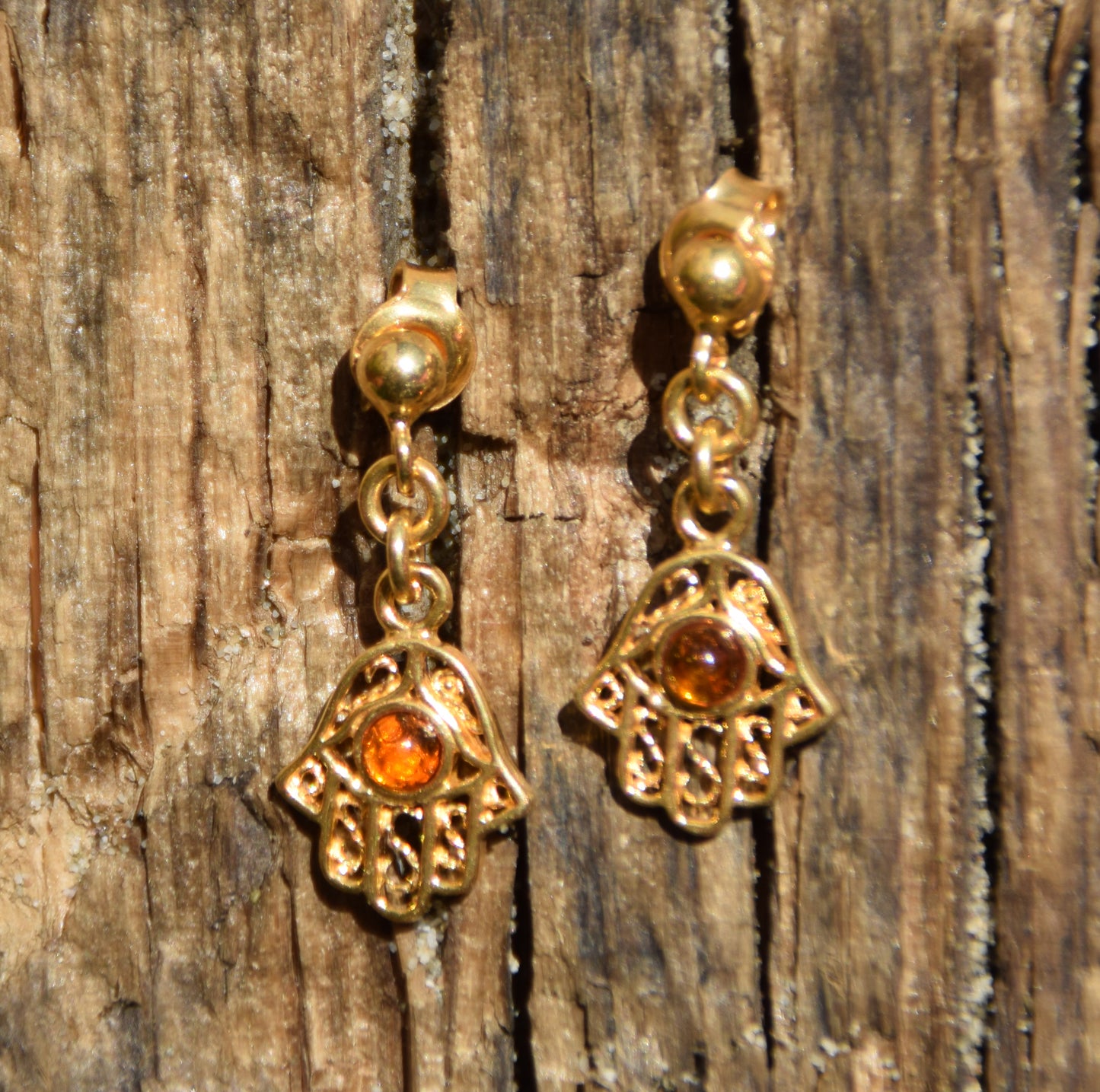 MJ Baltica, earrings, natural Baltic Amber, 925 Silver, 14k Gold plated, hand of Fatima, handcrafted, filigree, BZK061