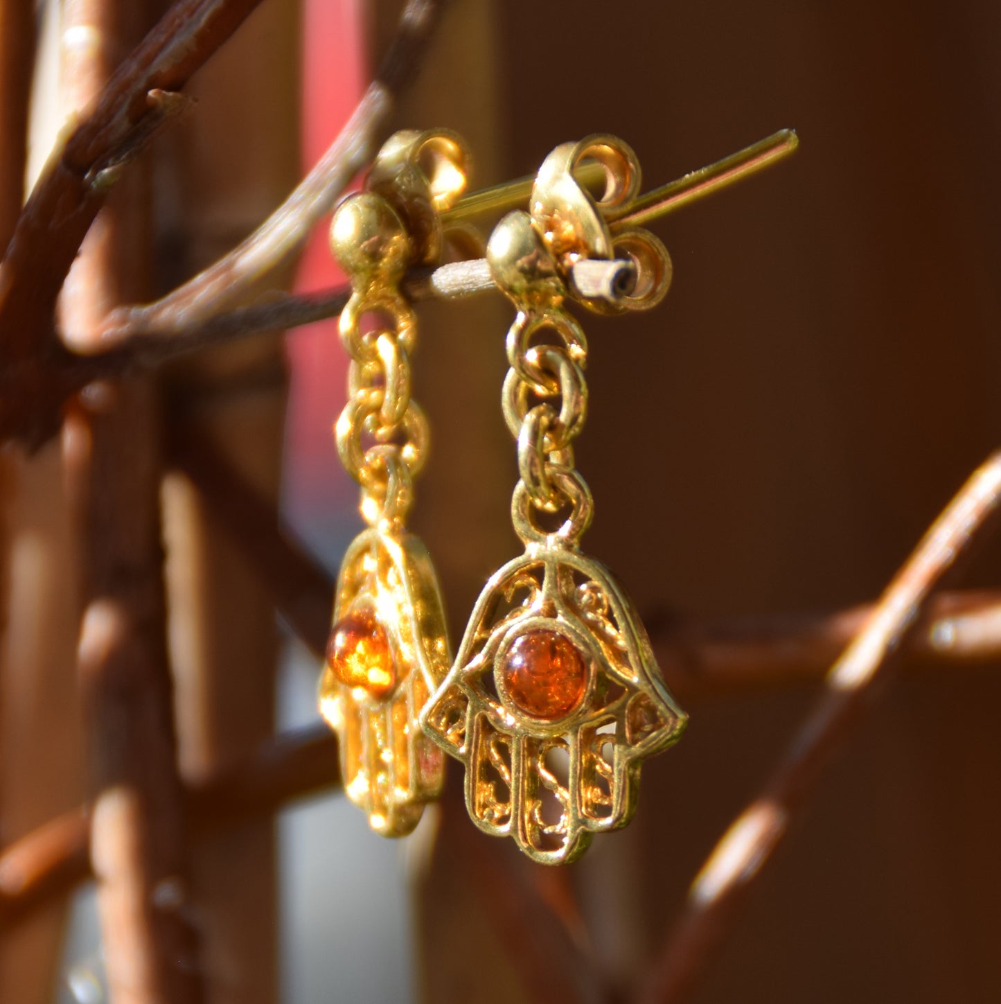 MJ Baltica, earrings, natural Baltic Amber, 925 Silver, 14k Gold plated, hand of Fatima, handcrafted, filigree, BZK061